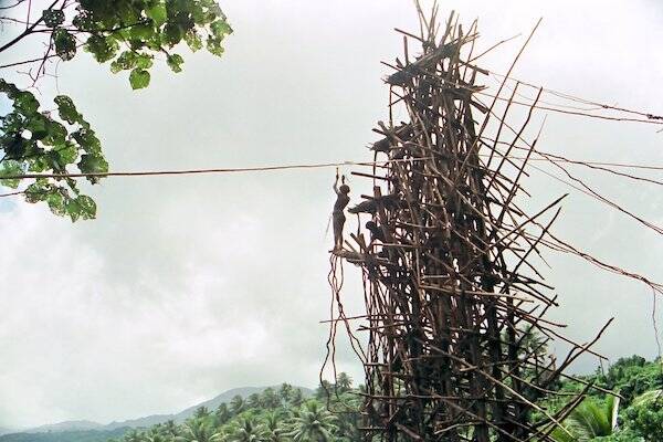 Land divers standing on tower built of sticks, Vanuatu 