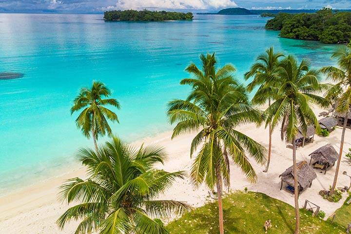 Port Orly sandy beach with palm trees, Espiritu Santo Island, Vanuatu.