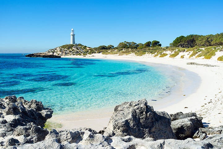Summer day at Pinky Beach and the Bathurst Lighthouse on Rottnest Island, Perth, Western Australia, Australia.