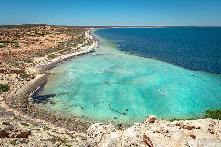 Scenic view of Indian ocean with turquoise water. Tropical landscape at Eagle Bluff lookout, Shark Bay World Heritage Site, Western Australia 