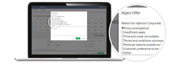 GSO interface screen showing option to reject offer and submit reject comments.