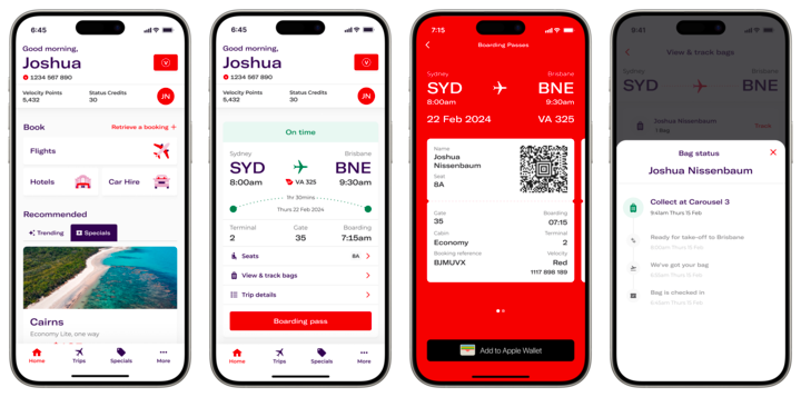 Virgin Australia App interface displayed on smart phone
