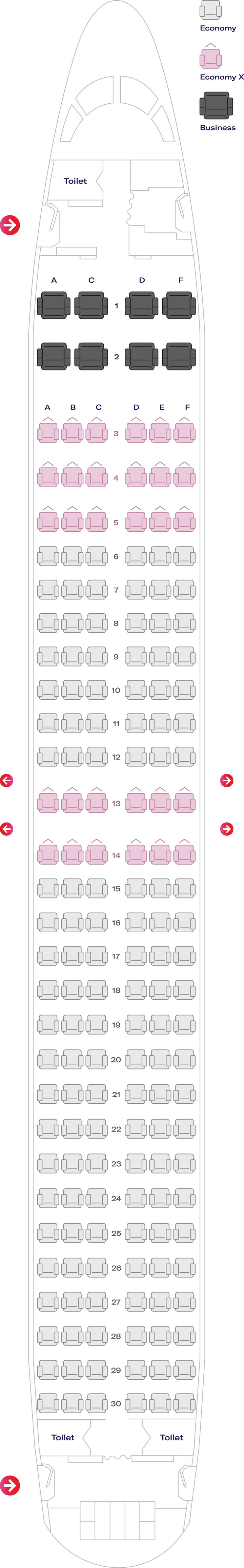 Seat map of Fokker 100 with Virgin Australia