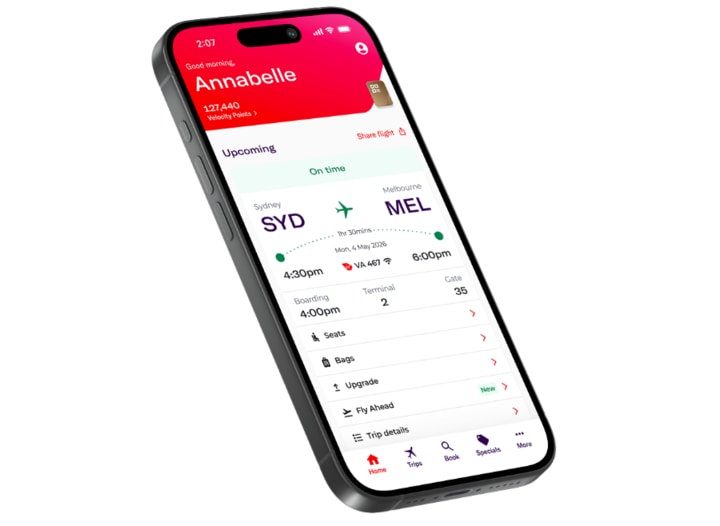 Smart phone with Virgin Australia App interface for customers to manage their flight with ease.