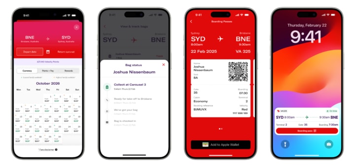 Four smartphones showcasing the Virgin Australia app interface, highlighting customer benefits such as boarding passes, baggage tracking, searching for specials, and more.