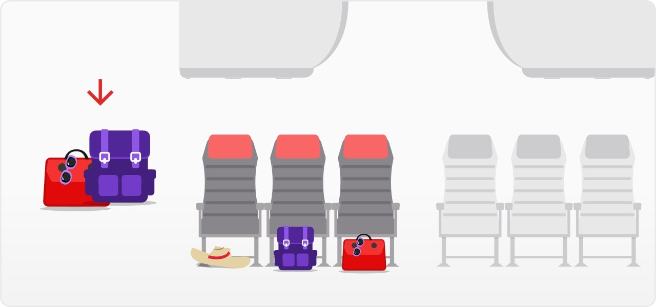 Graphic of small personal items placed underneath the seat in front