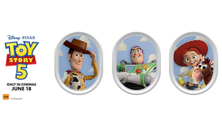 Toy Story characters in Virgin Australia aeroplane windows.