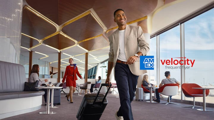 Man walking through Virgin Australia Business lounge.