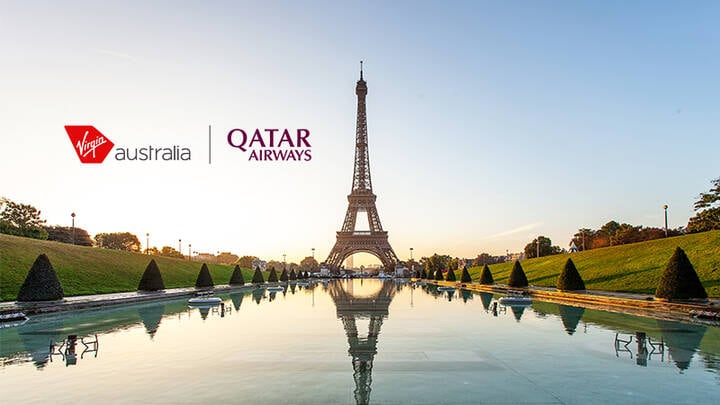 Eiffel Tower in Paris with Virgin Australia and Qatar Airways logo lockup.