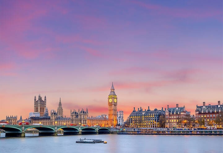 London skyline at sunset.