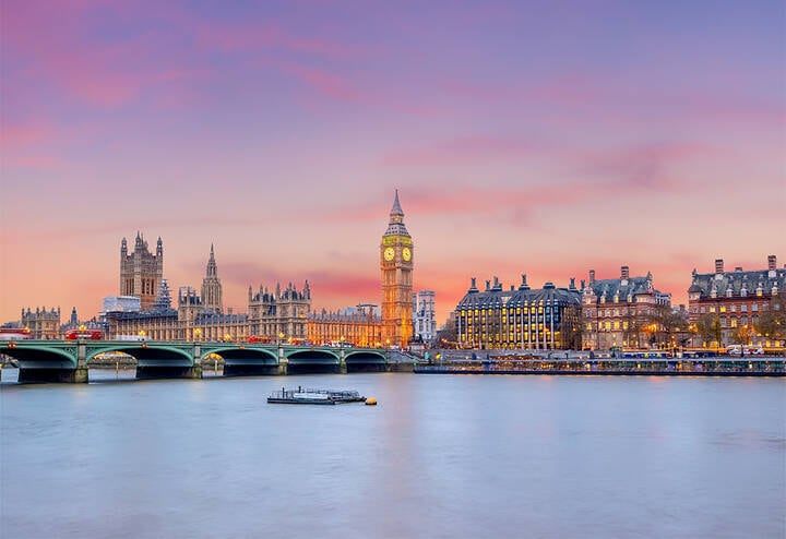 London skyline at sunset.