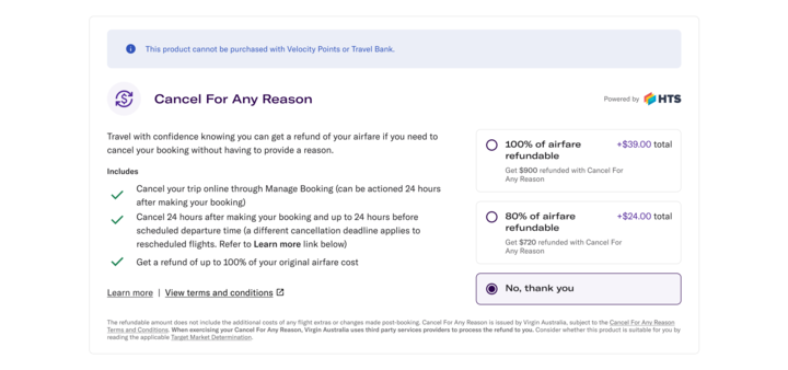 Cancel For Any Reason payment screen