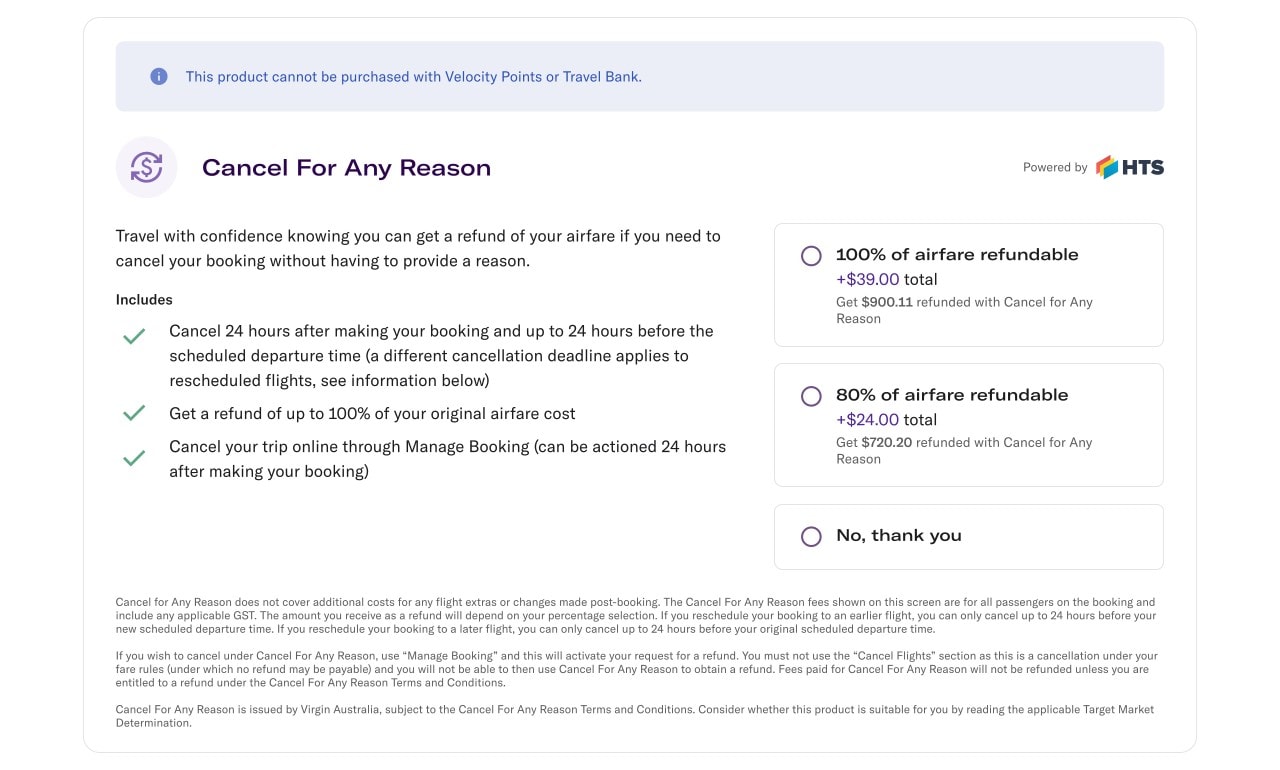 Cancel For Any Reason payment screen