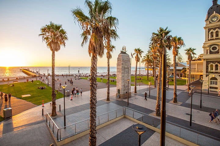 Moseley Square and Glenelg Jetty at sunet in Glenelg