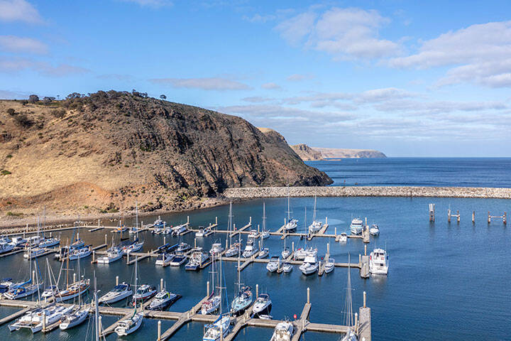 Aerial view of boats docked at the hrbour in the Fleurueu Peninsula