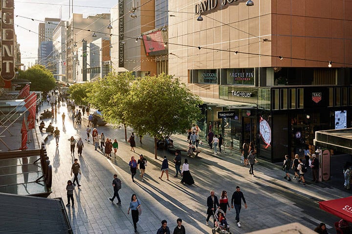 Aerial view of crowds shopping at Rundle Mall