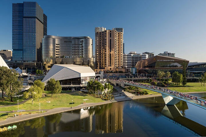 Aerial view of Adelaide's River Torrens and the Adelaide Convention Centre