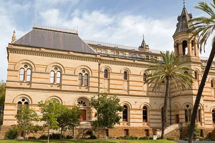 The facade of Mortlock Library located at the front of the South Australian Museum in Adelaide, South Australia  