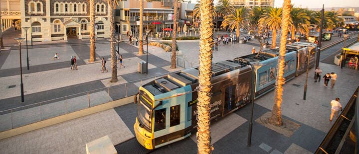 Public transport tam at Moseley Square in Glenelg, on the coast in Adelaide