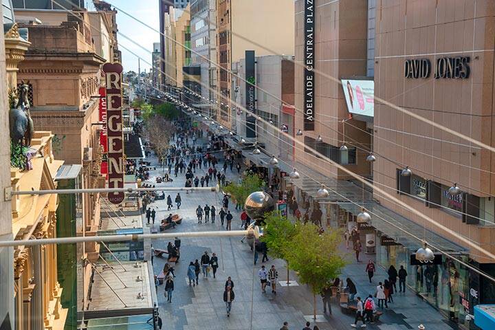 Aerial view of Rundle Street Mall with tourists and locals.  
