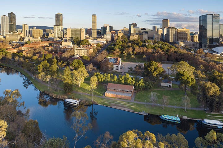 Aerial view of Adelaide CBD and River Torrens 