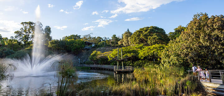 A distant shot of a family of four looking out at a water fountain at Roma Parklands, one of the top attractions to visit in Brisbane