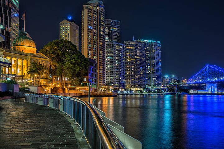 The Brisbane River and city from the river walk path 