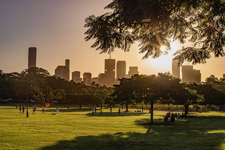 Afternoon scene of the new farm park and urban skyline from afar in golden hours in Brisbane 