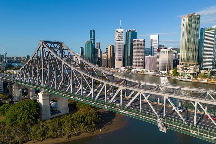 Aerial view of Story Bridge, Brisbane River and Brisbane city's skyline.