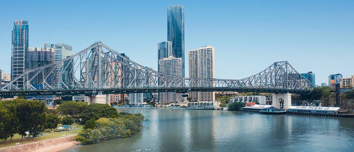 Clear, sunny day in Brisbane. View of the city skyline, Story Bridge and Brisbane River. 