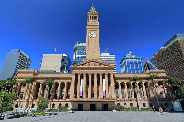 City Hall building façade facing King George Square, Brisbane-Australia