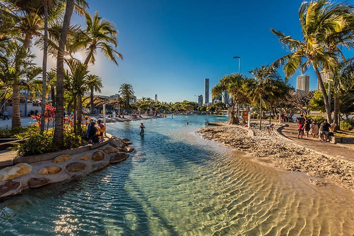 Streets Beach, an inner-city man-made beach  in South Bank Parkland, Brisbane