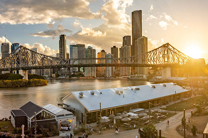 Howard Smith Wharves at sunset, with a view of the Story Bridge