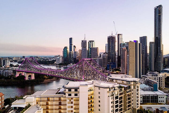 View of Brisbane City and Story bridge from Iris Rooftop Bar 