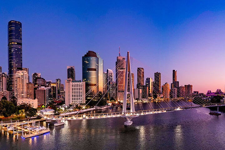 View of Brisbane City and Story bridge from Kangaroo Point at sunset
