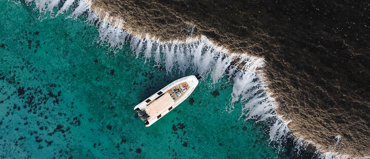 Aerial view of boat tour to visit the Cygnet Bay Pearl Farm, Dampier Peninsula