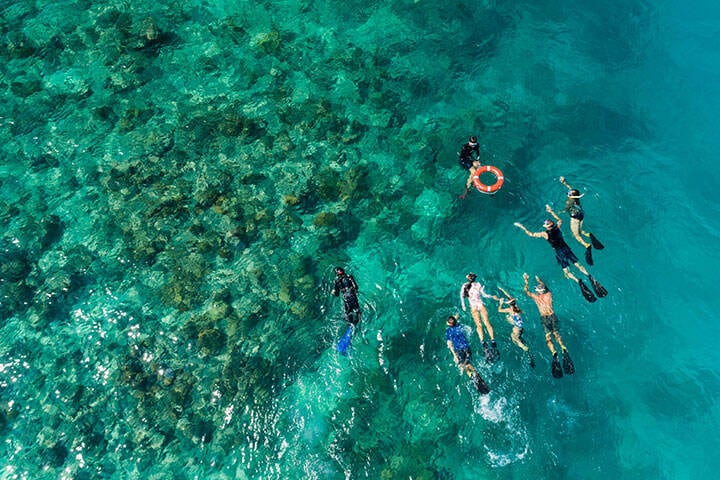 Aerial view of a Master Reef Guide leading guests on an Adventure Drift Snorkel Tour at Opolu Reef