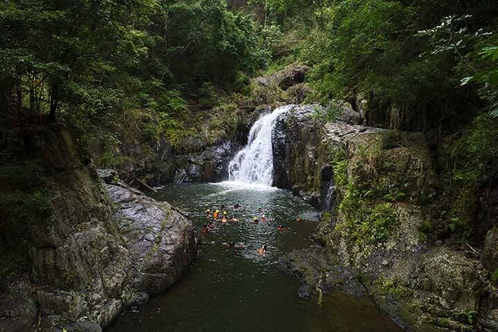 Aerial view of a group swimming in water, beneath Crystal Cascades waterfall on a Cairns Canyoning tour