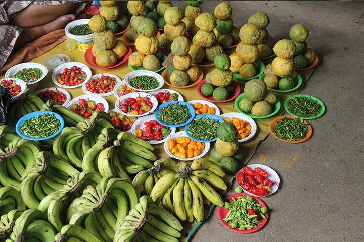 Tropical fruits and vegetable selling at Nadi produce Market Fiji.