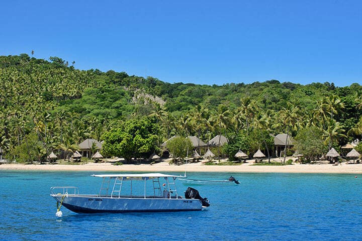 Motorboat anchored at Yasawa Islands, Fiji, South Pacific  