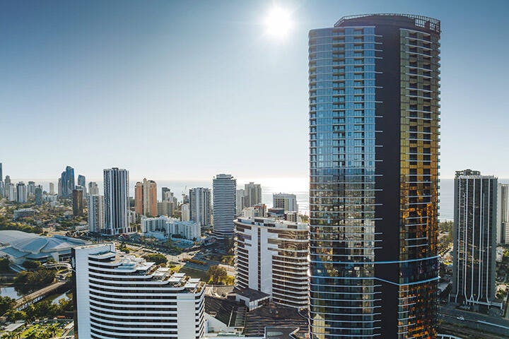 Aerial view of Dorsett Gold Coast and The Star Gold Coast at Broadbeach