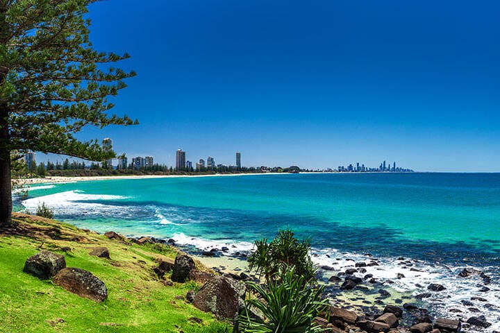 Gold Coast skyline and surfing beach