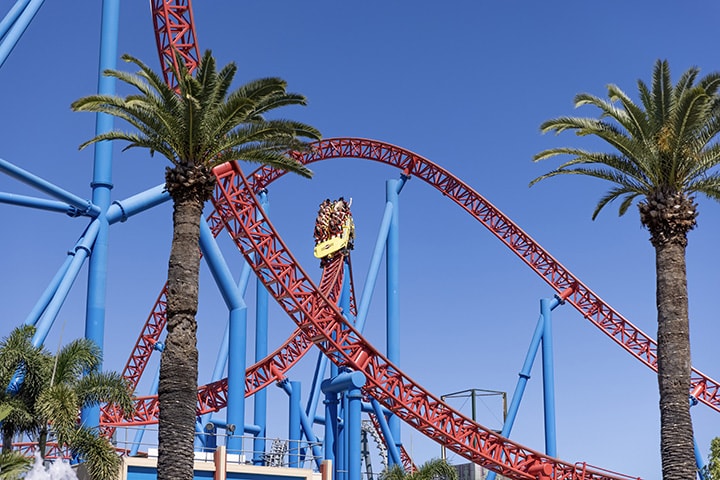 People on a rollercoaster at Warner Bros. Movie World