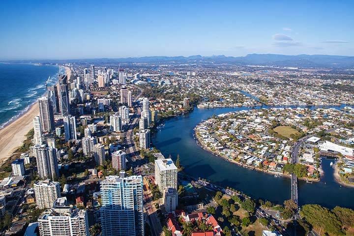 Aerial view of hotels and beach in Surfers Paradise, Queensland, Australia 