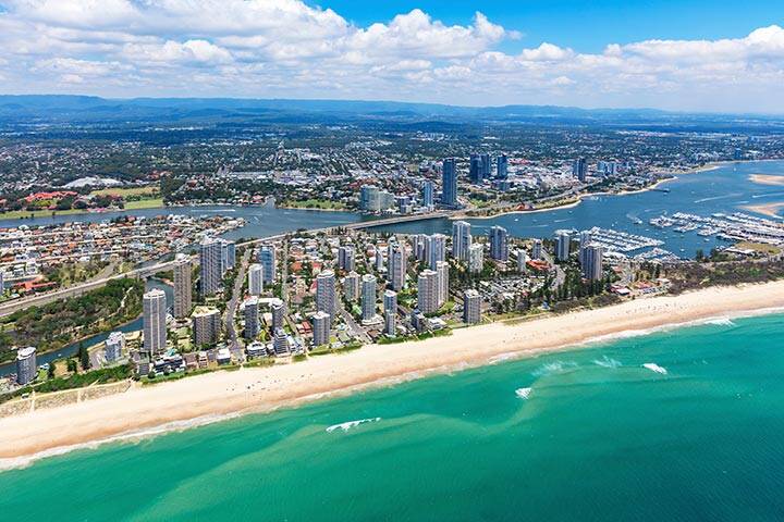 Sunny aerial view of Main Beach and Southport looking inland on the Gold Coast  
