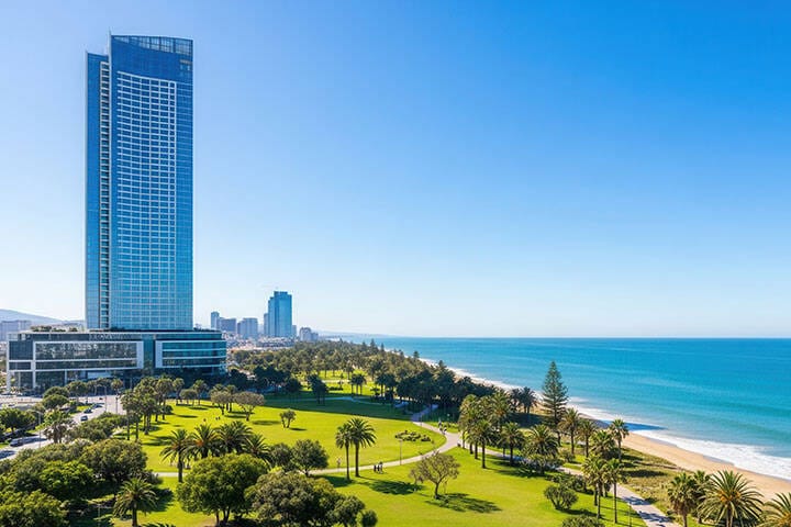 Panoramic view of Broadbeach skyline, showcasing The Star Residences and Gold Coast's beautiful coastline