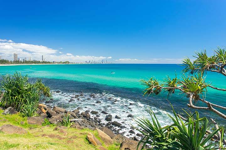 Burleigh Heads on a clear day looking towards Surfers Paradise on the Gold Coast  
