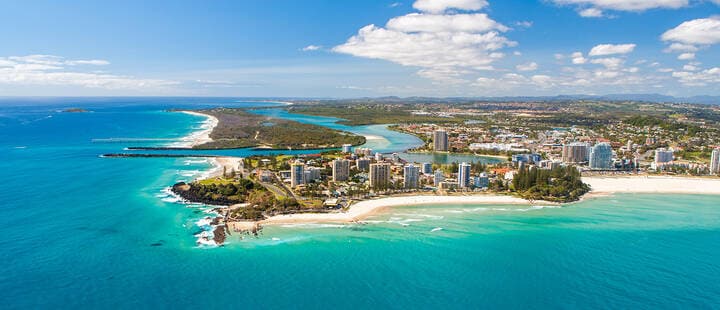 An aerial view of the beach at snapper Rocks and Coolangatta on the Gold Coast in Queensland, Australia  