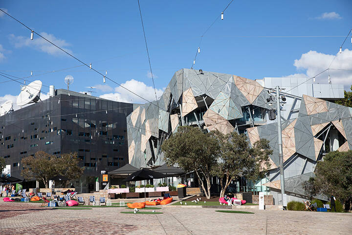 Federation Square, a cultural and arts hub,in Melbourne city centre, has a distinct architecture and building design that draws crowds