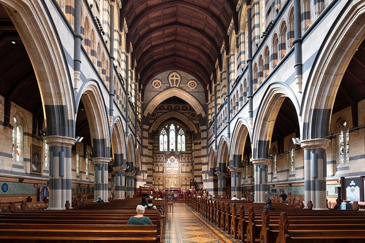 Interior looking down central aisle of Saint Paul's cathedral, a cathedral church of the Anglican Diocese of Melbourne, Victoria